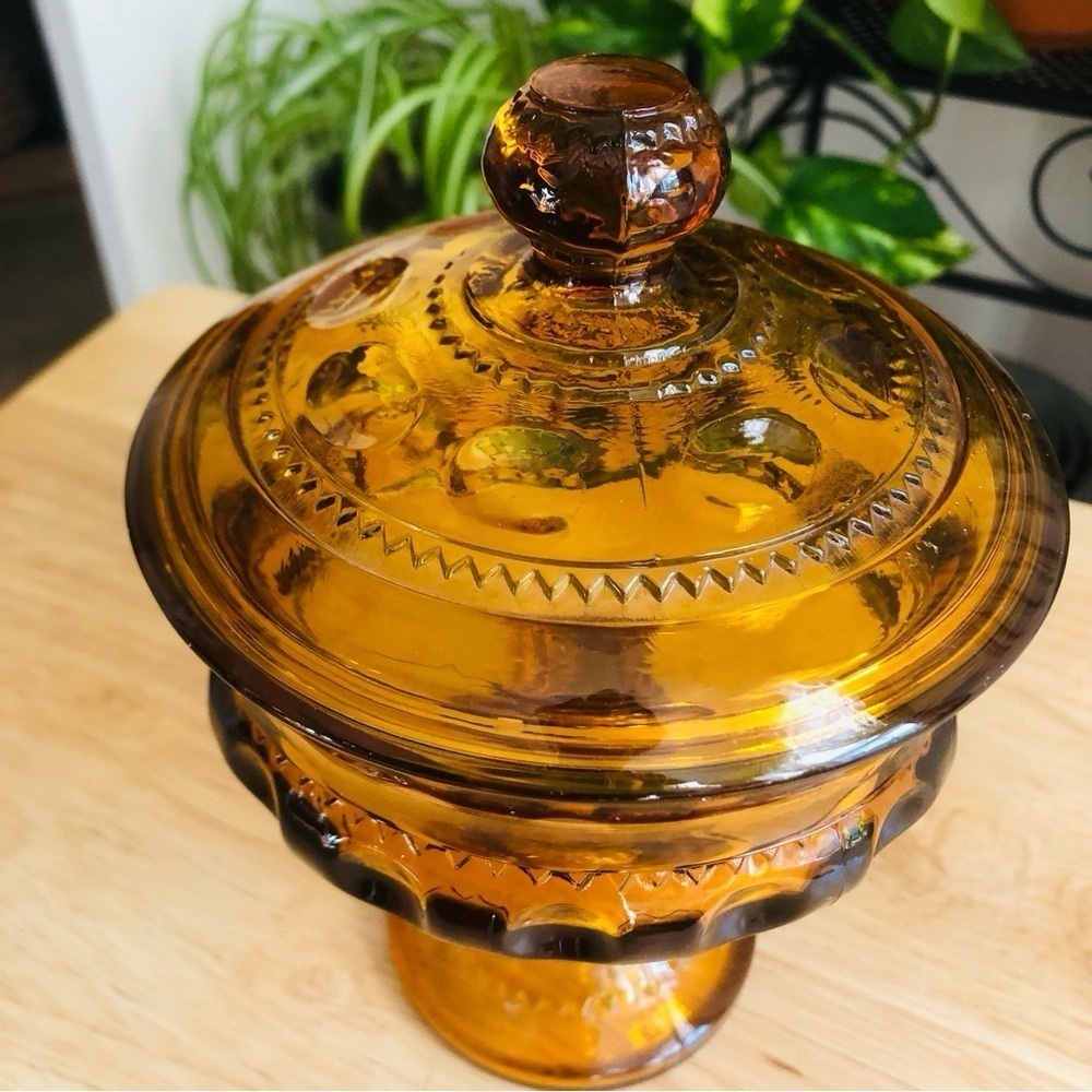 Indiana Glass King’s Crown Golden Amber Compote Thumbprint Pedestal Dish Vintage - Picture 4 of 11
